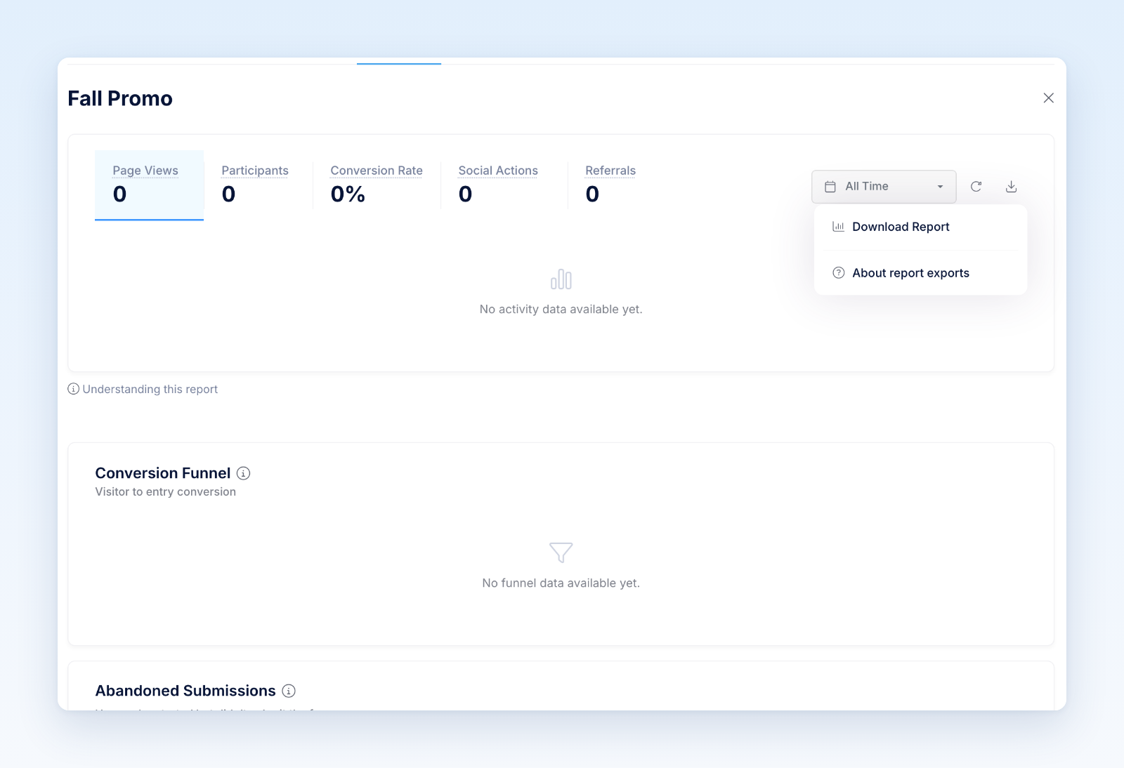 Reporting panel with the download menu open on Download Report and About report exports