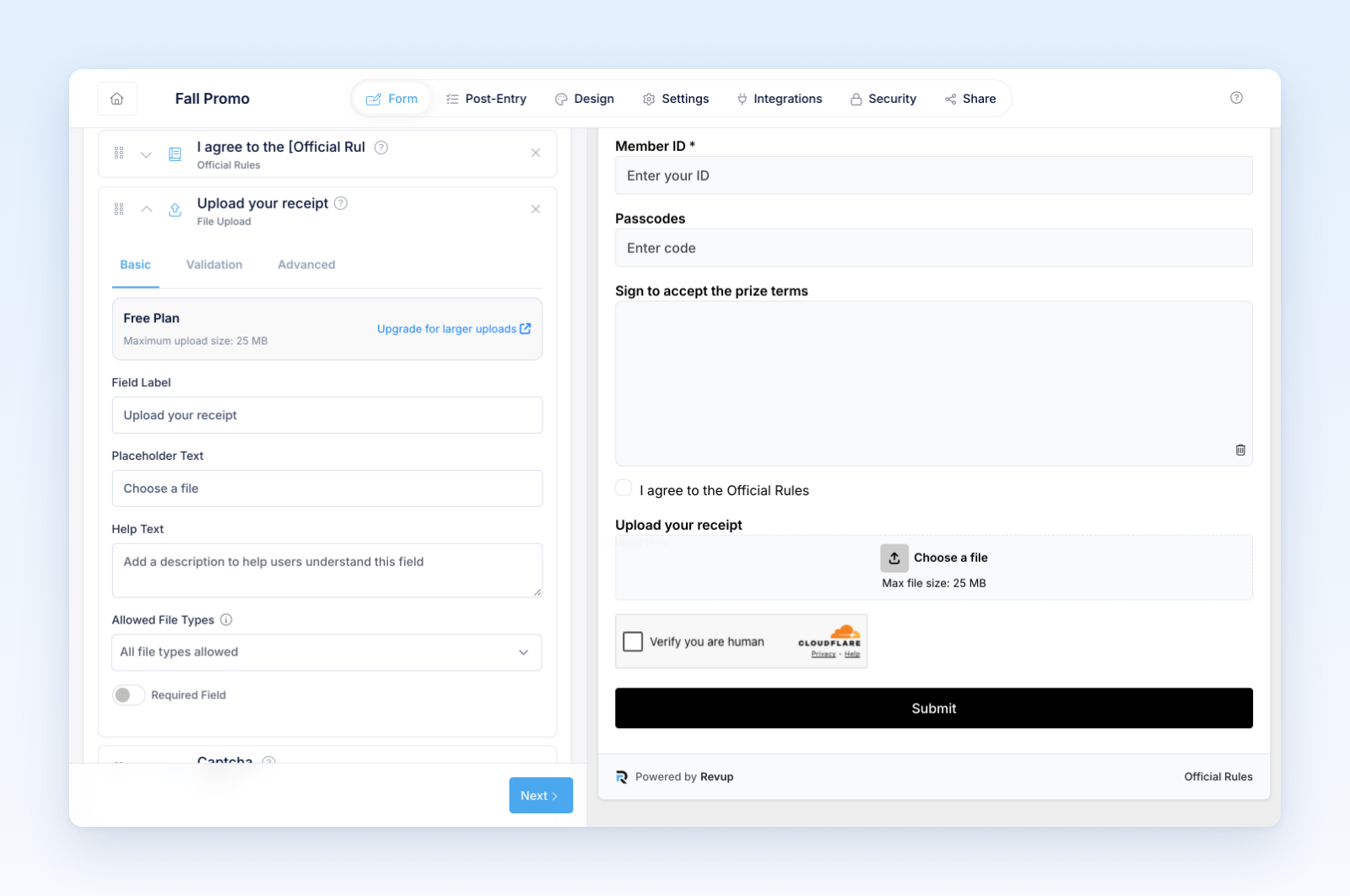 File Upload field with Field Label, Placeholder Text, and Allowed File Types, and the upload box in the preview
