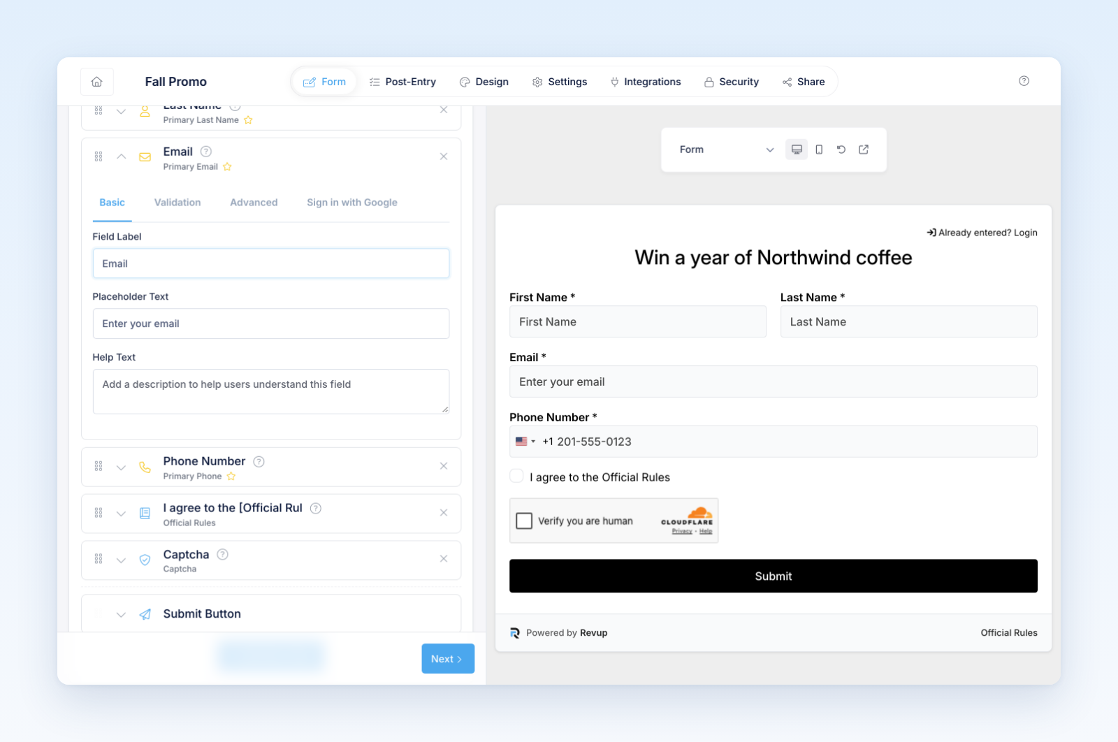 Email field card open on the Basic tab with Validation and Advanced tabs, next to the form preview
