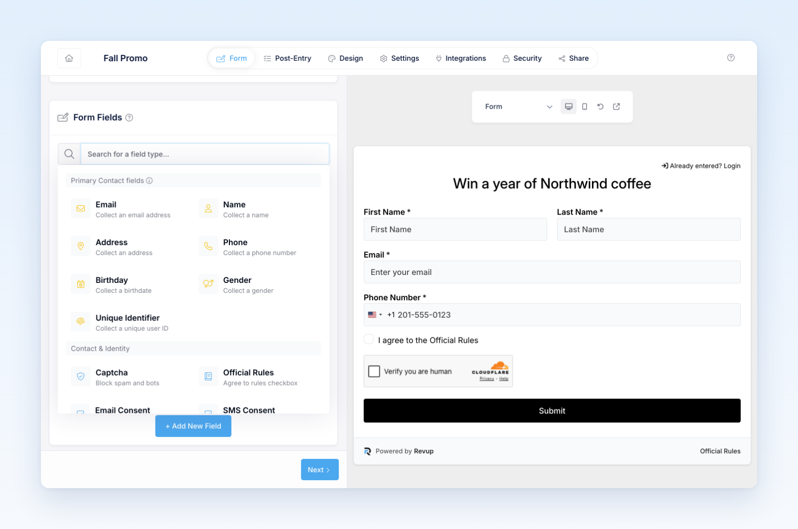 Form Fields search open with the field types grouped into Primary Contact fields and Contact & Identity