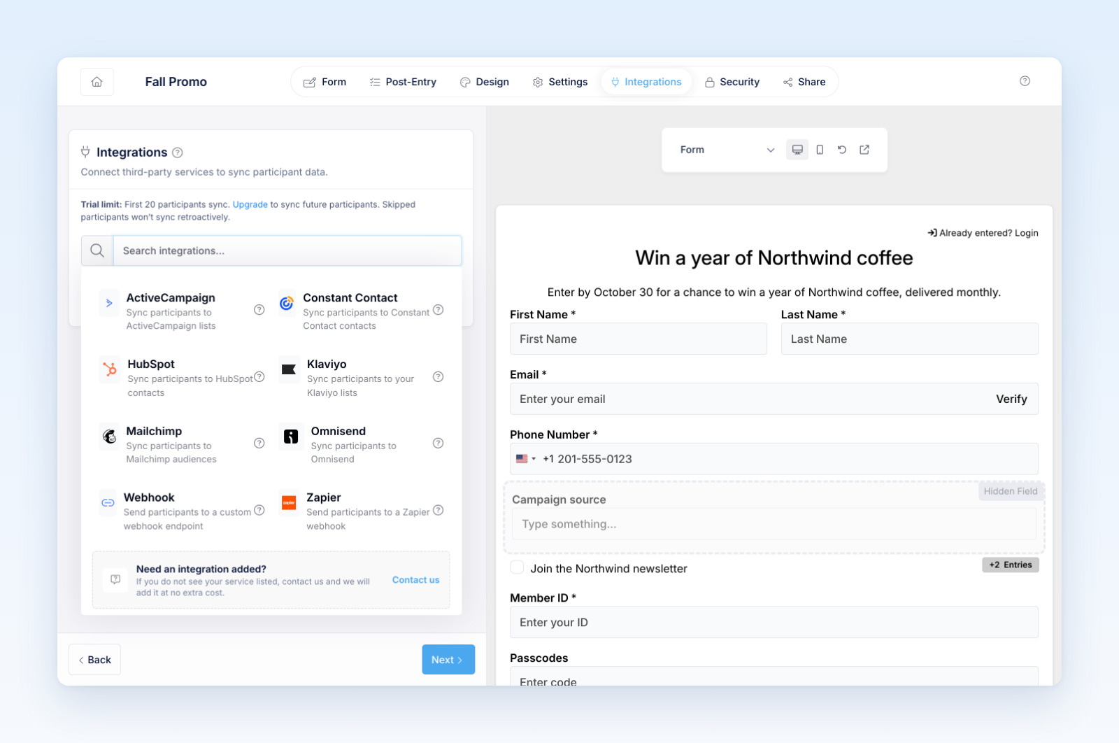 Integrations tab with the provider list, including ActiveCampaign, HubSpot, Klaviyo, Mailchimp, Webhook, and Zapier
