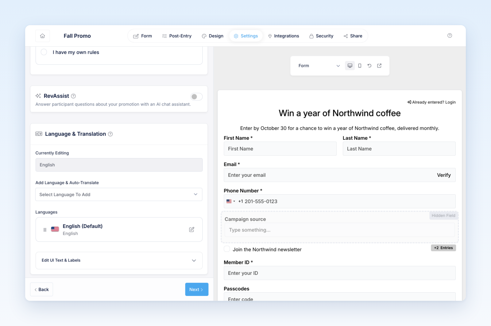 Language & Translation card with Add Language & Auto-Translate and the Languages list