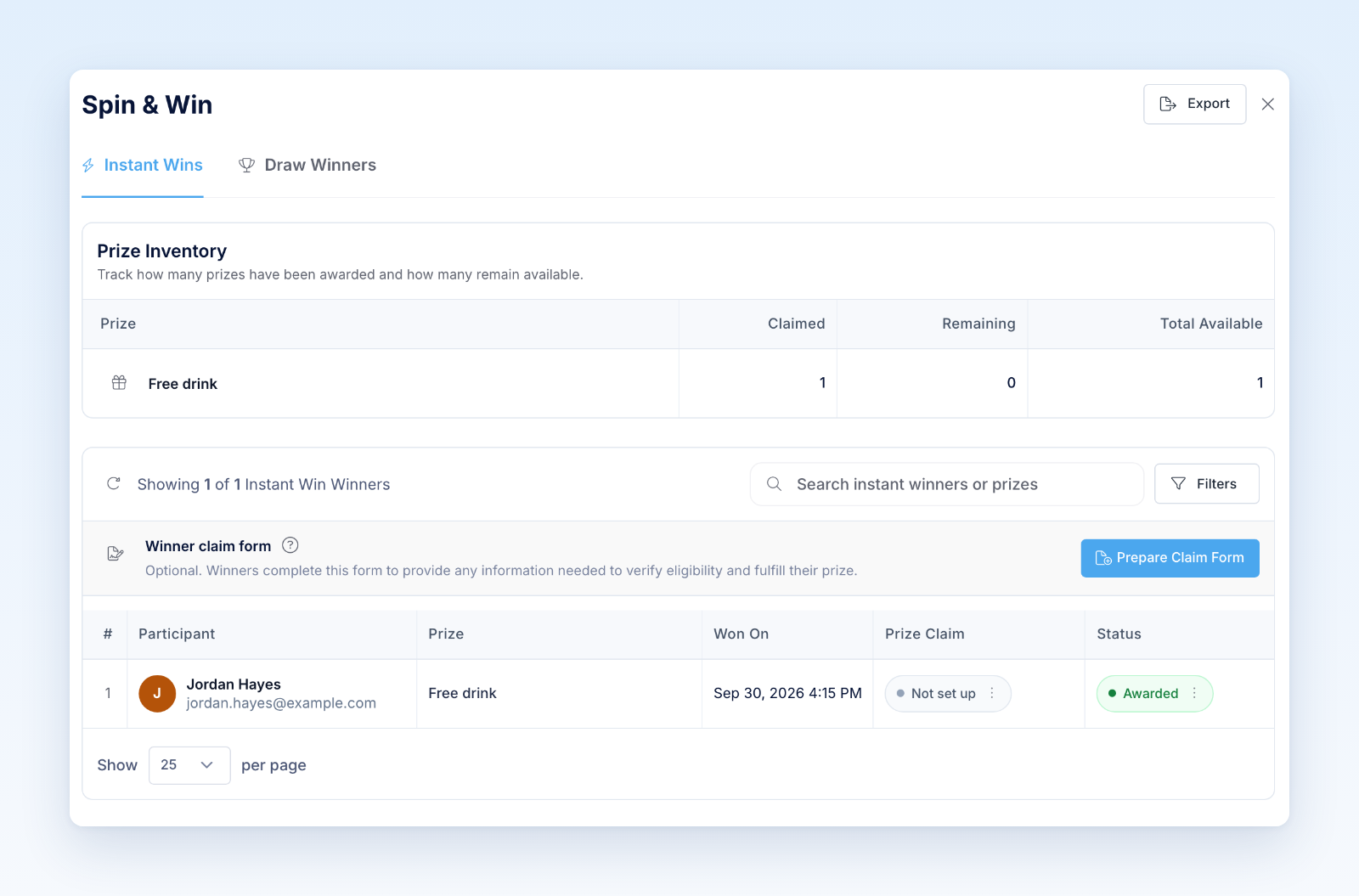Instant Wins tab with Prize Inventory and an awarded Free drink winner