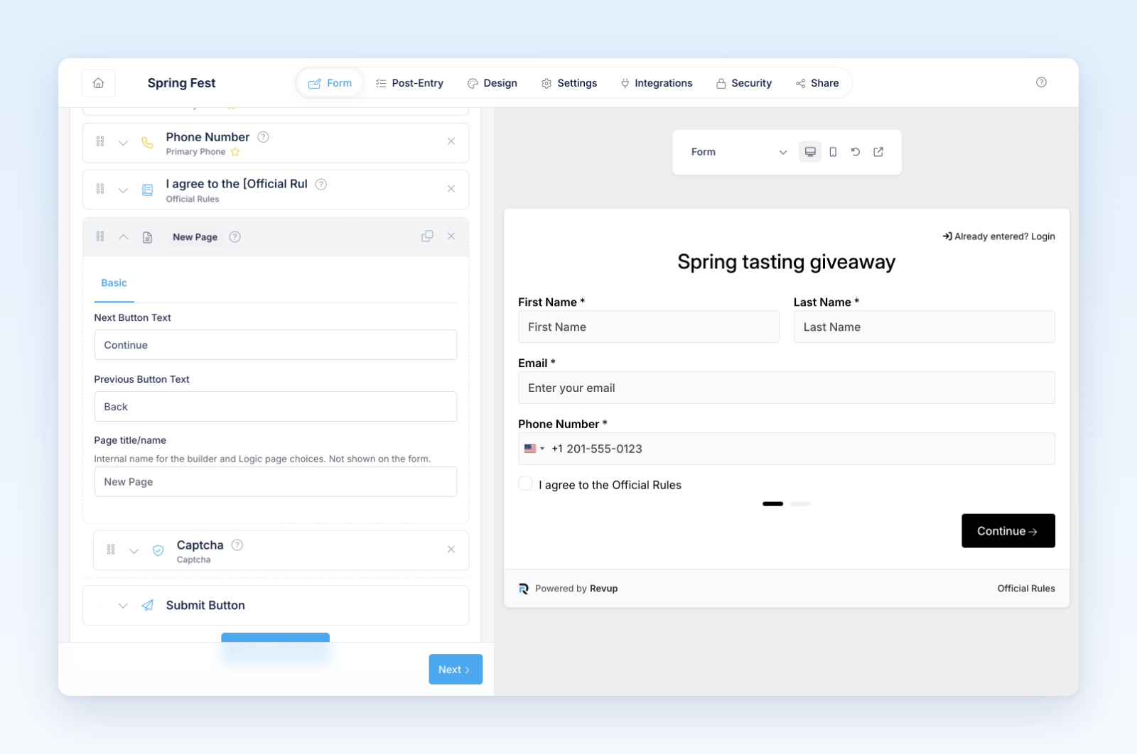 New Page field with Next Button Text, Previous Button Text, and Page title, and a Continue button in the preview