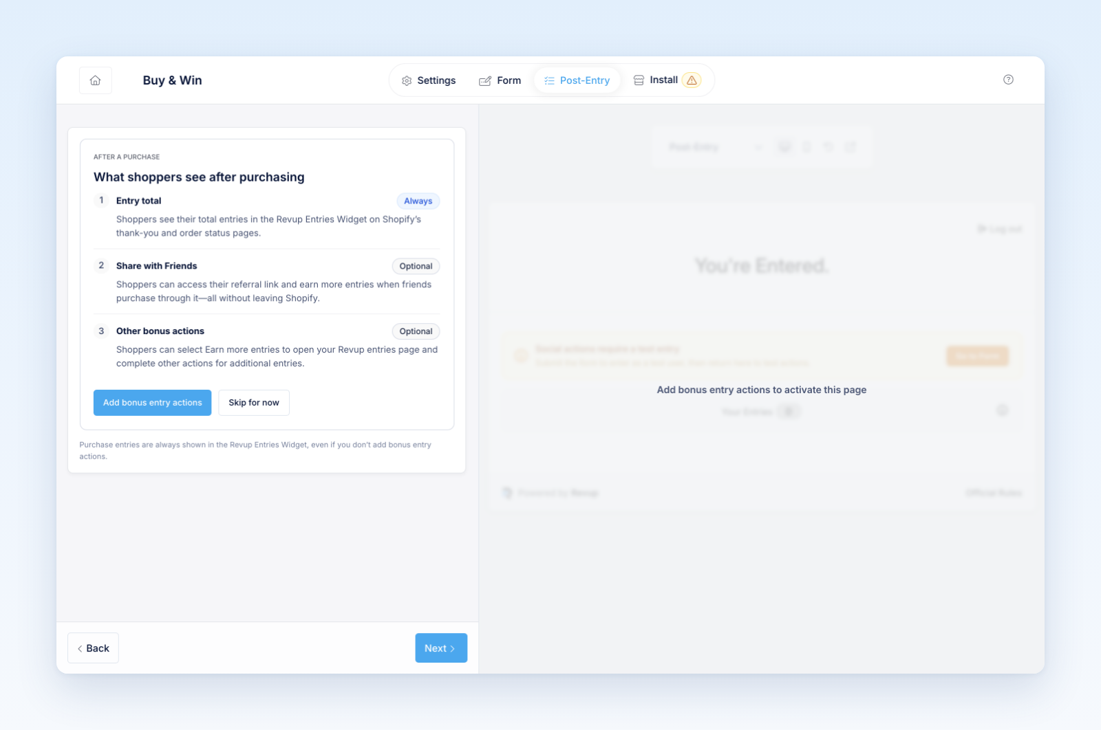 Purchase Sweepstakes Post-Entry tab listing Entry total, Share with Friends, and Other bonus actions