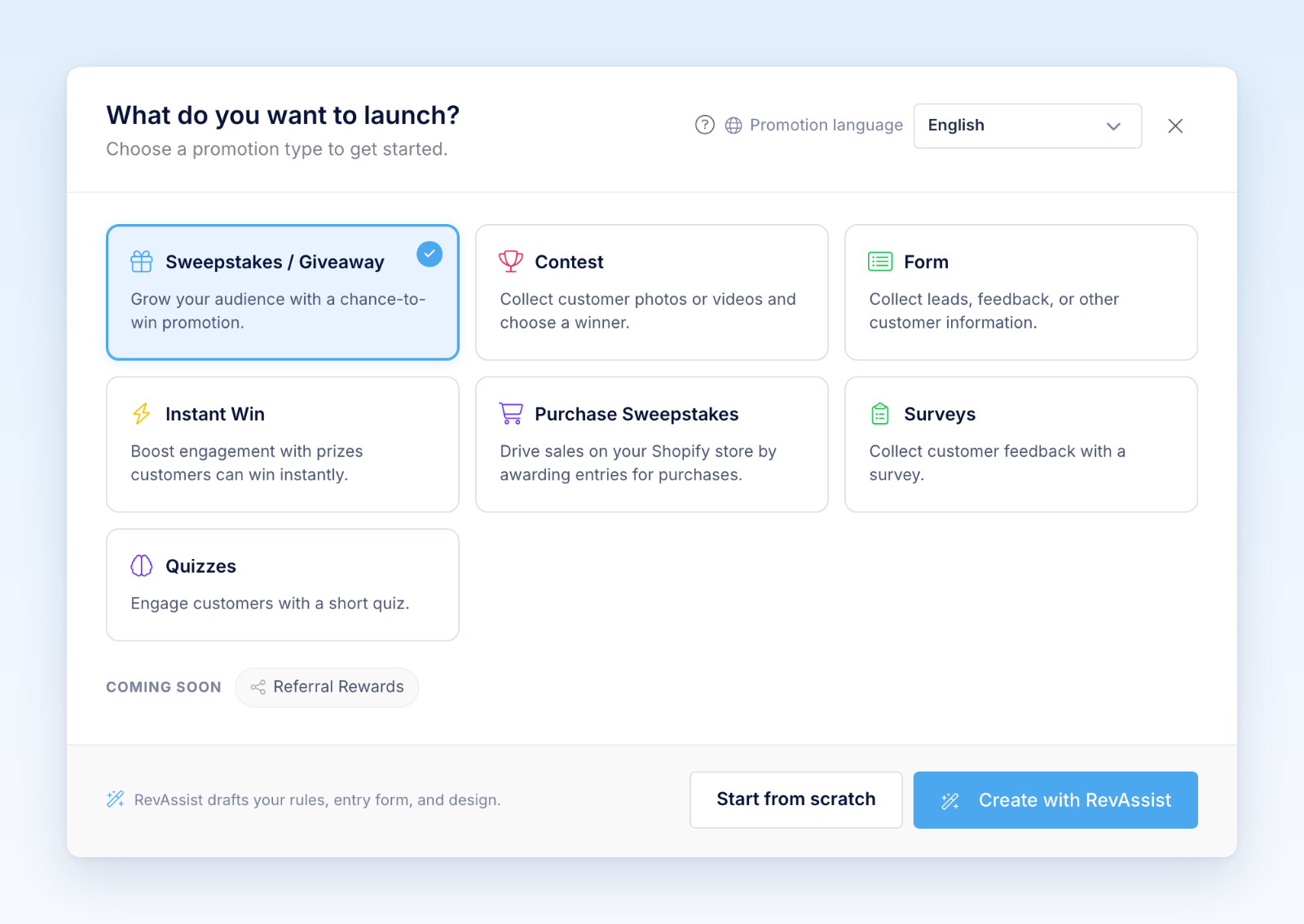 What do you want to launch? window with the Revup promotion types