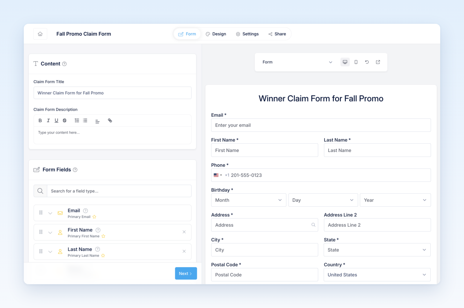 Claim form editor with the Claim Form Title, Form Fields list, and a preview of the winner claim form