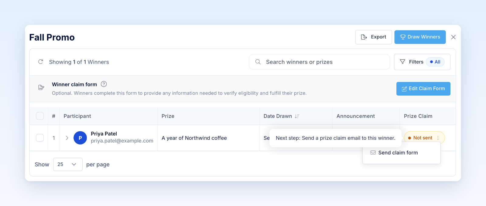 Winners list with the Prize Claim menu open on Send claim form and the tooltip Next step: Send a prize claim email to this winner