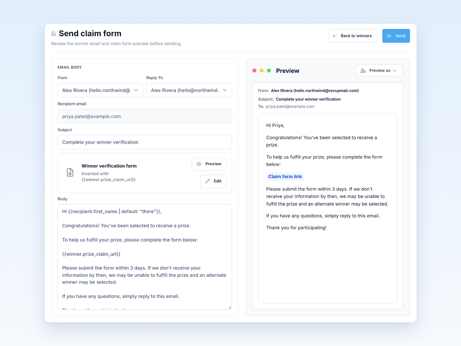 Send claim form window with the email fields on the left and a preview of the winner email on the right