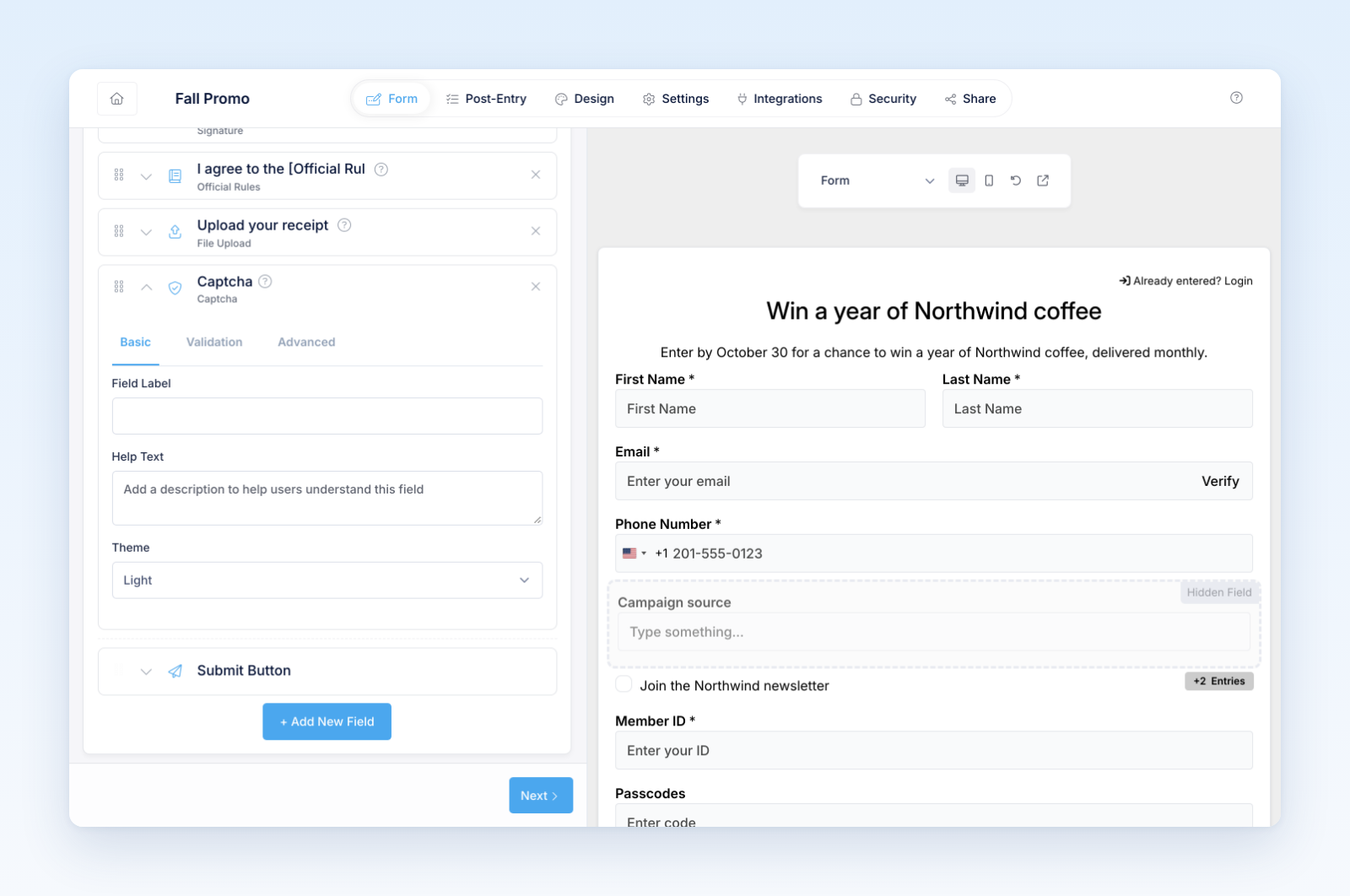 Captcha field card with the Verify you are human check in the form preview