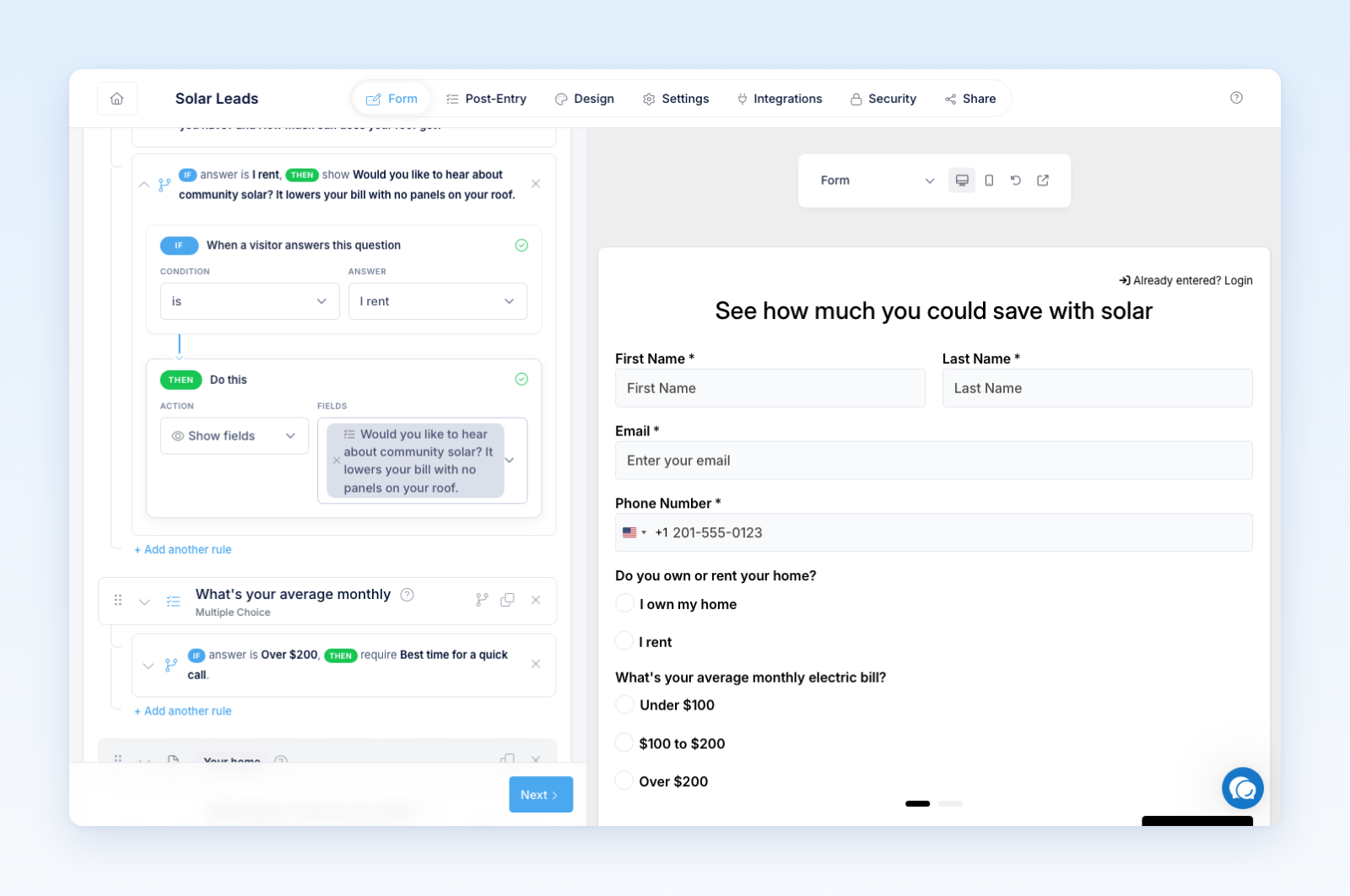 A rule open in the builder: IF the condition is "is" and the answer is "I rent", THEN Show fields with "Would you like to hear about community solar?" selected
