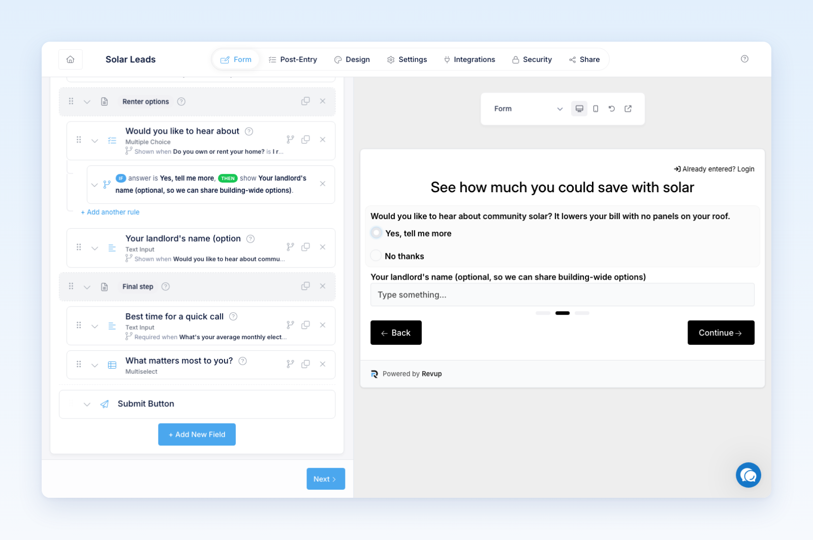 The builder preview after answering "I rent": it skipped the homeowner page and shows the community solar question, with the landlord question visible after "Yes, tell me more"